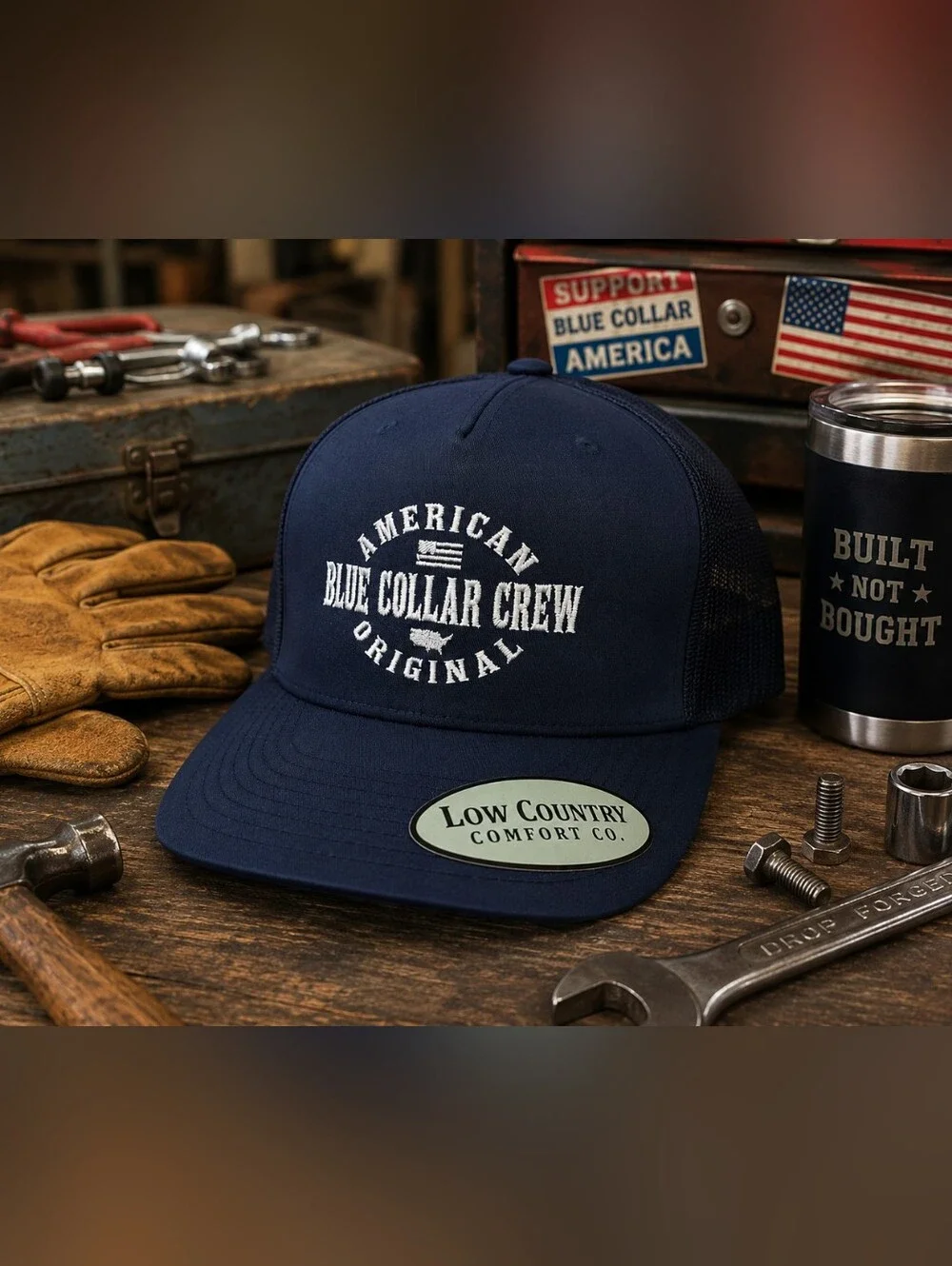 🇺🇸 American Blue Collar Crew Trucker Hat 💪 Low Country Comfort Co Navy NWT
